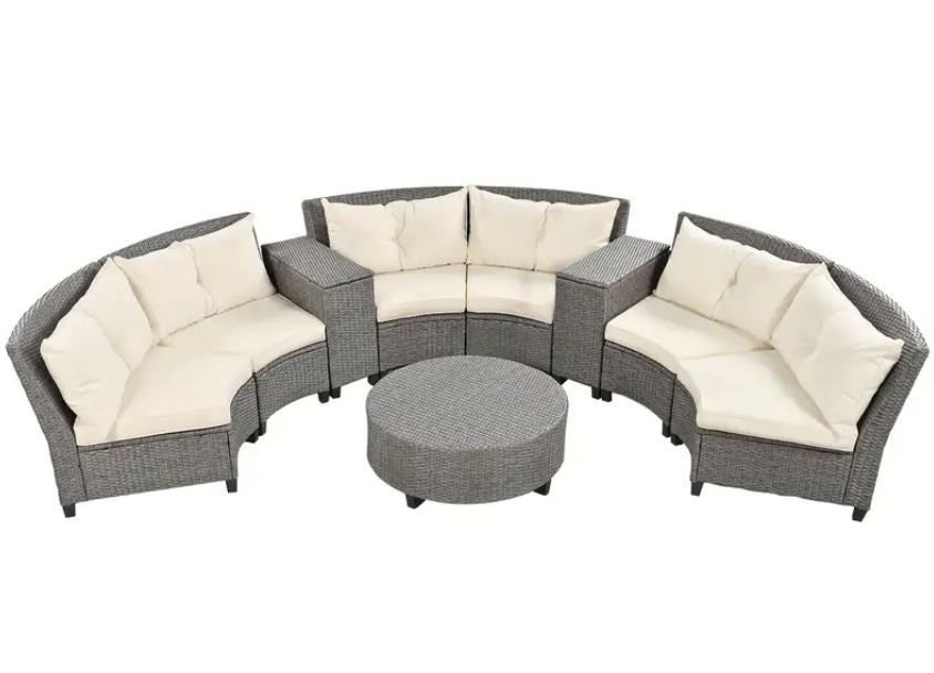 6-Person Curved-Shaped Rattan Patio Set