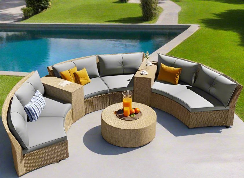 6-Person Curved-Shaped Rattan Patio Set