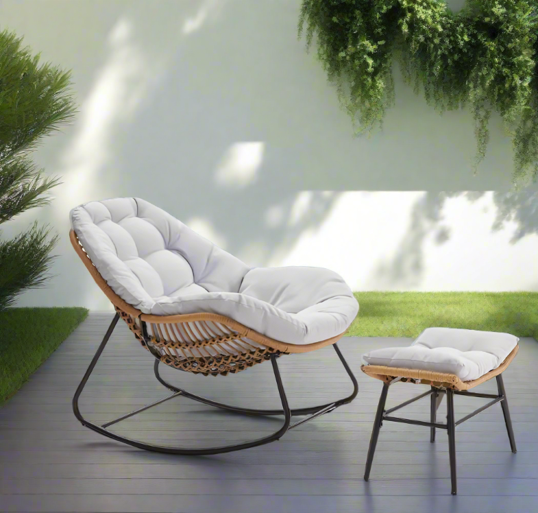 Luxurious Outdoor Wicker Rocking Chair Set with Footstool and Plush Cushions