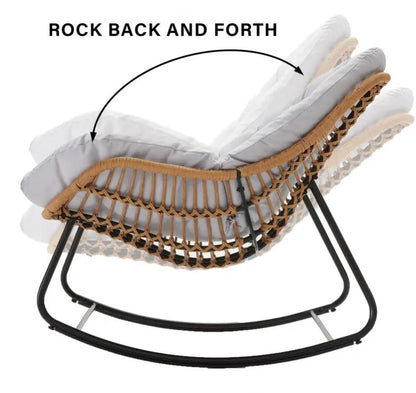 Luxurious Outdoor Wicker Rocking Chair Set with Footstool and Plush Cushions