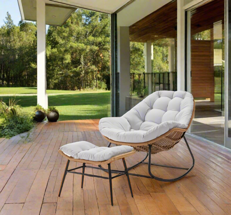 Luxurious Outdoor Wicker Rocking Chair Set with Footstool and Plush Cushions