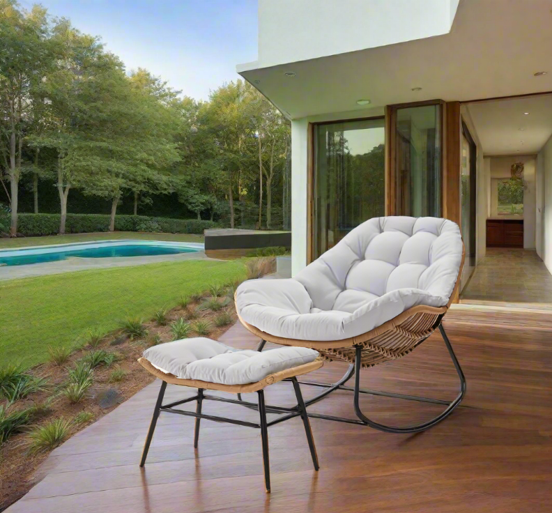 Luxurious Outdoor Wicker Rocking Chair Set with Footstool and Plush Cushions