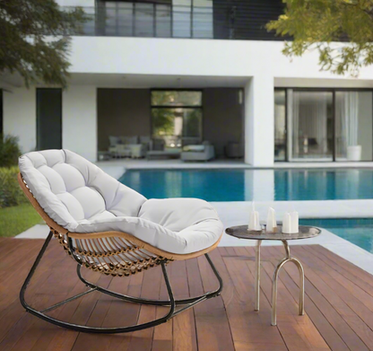 Luxurious Outdoor Wicker Rocking Chair Set with Footstool and Plush Cushions