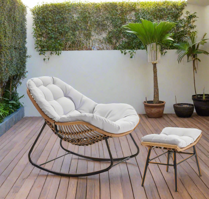 Luxurious Outdoor Wicker Rocking Chair Set with Footstool and Plush Cushions