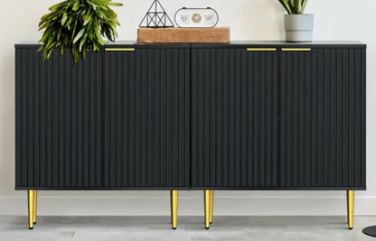 Black Storage Cabinet with Fluted Texture & Rose Gold Metal Legs