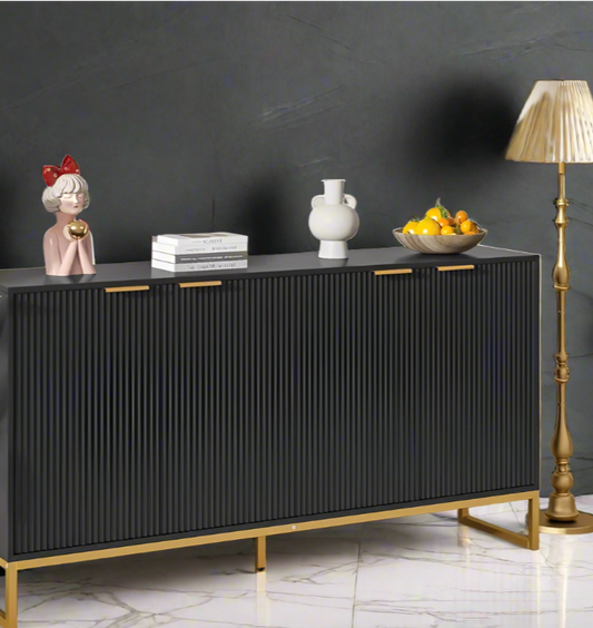 Modern Black and Gold 4-Door Fluted Sideboard Buffet Cabinet