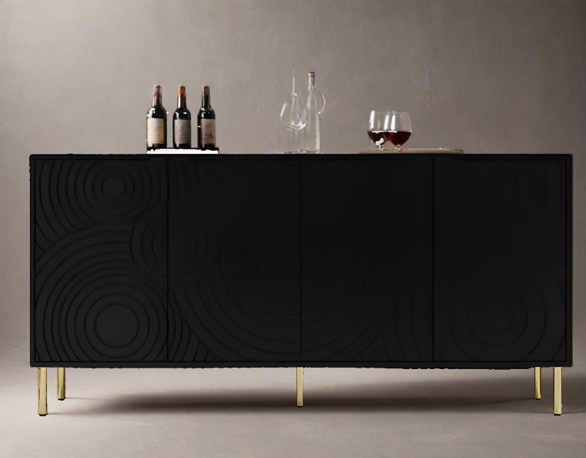 Four-Door Side Cabinet - Stylish Black Folio Design