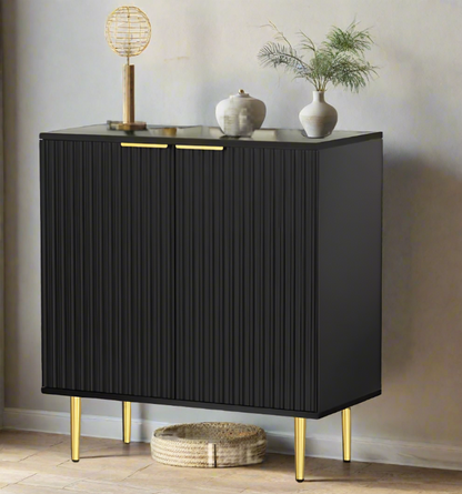 Black Storage Cabinet with Fluted Texture & Rose Gold Metal Legs