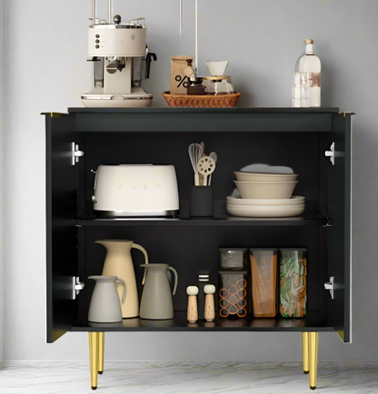 Black Storage Cabinet with Fluted Texture & Rose Gold Metal Legs