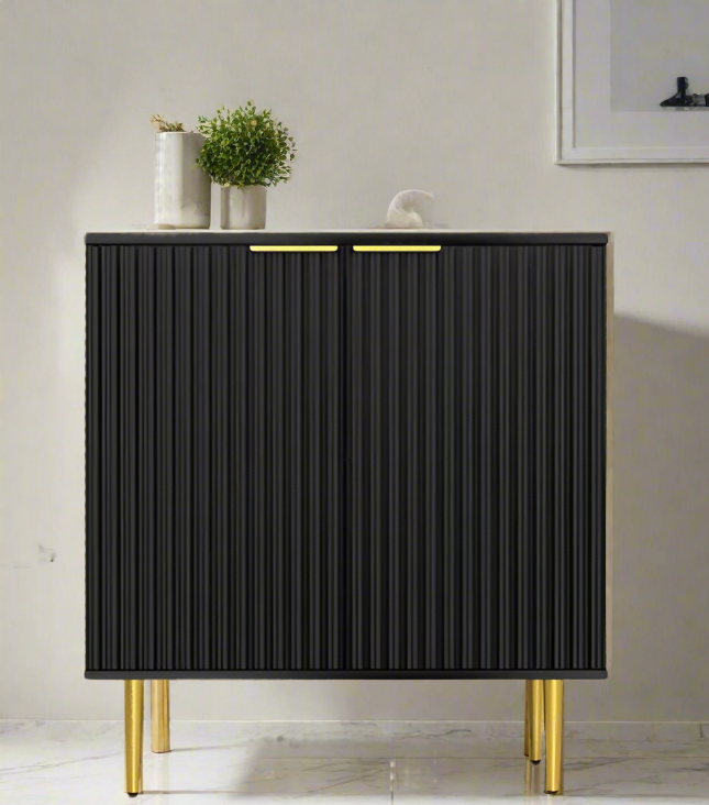 Black Storage Cabinet with Fluted Texture & Rose Gold Metal Legs