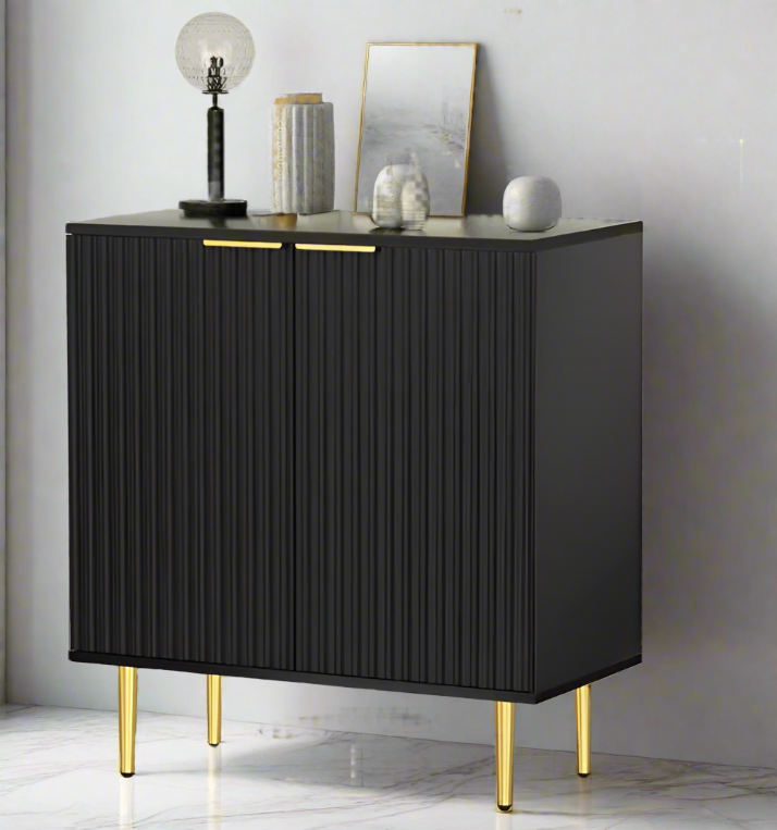 Black Storage Cabinet with Fluted Texture & Rose Gold Metal Legs