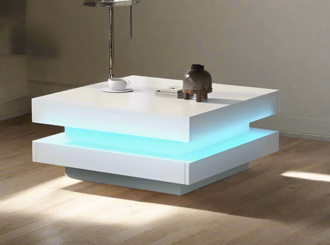 2-Tier Square Wooden Coffee Table with LED Light