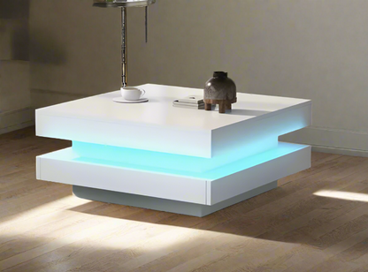 2-Tier Square Wooden Coffee Table with LED Light