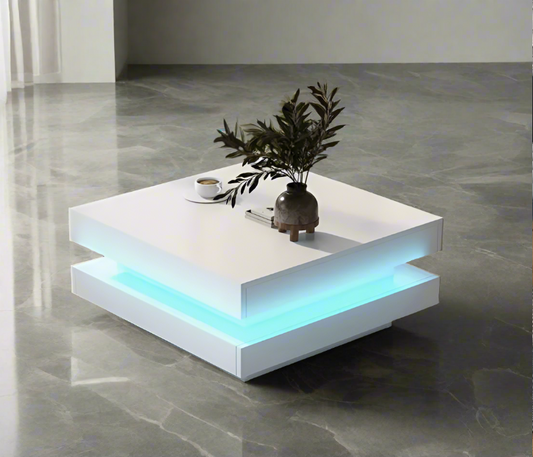 2-Tier Square Wooden Coffee Table with LED Light