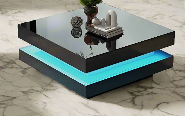 2-Tier Square Wooden Coffee Table with LED Light