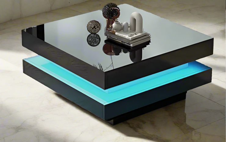 2-Tier Square Wooden Coffee Table with LED Light