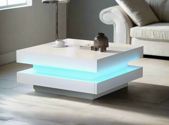 2-Tier Square Wooden Coffee Table with LED Light