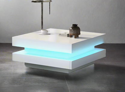 2-Tier Square Wooden Coffee Table with LED Light