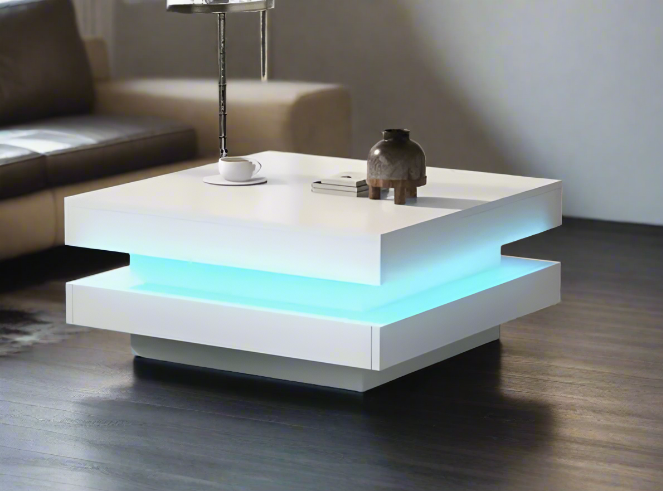 2-Tier Square Wooden Coffee Table with LED Light