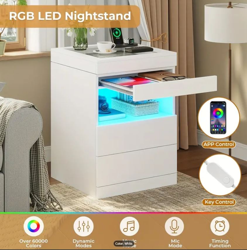 White Bed Side Boared Nightstand with Charging Station and LED Lights