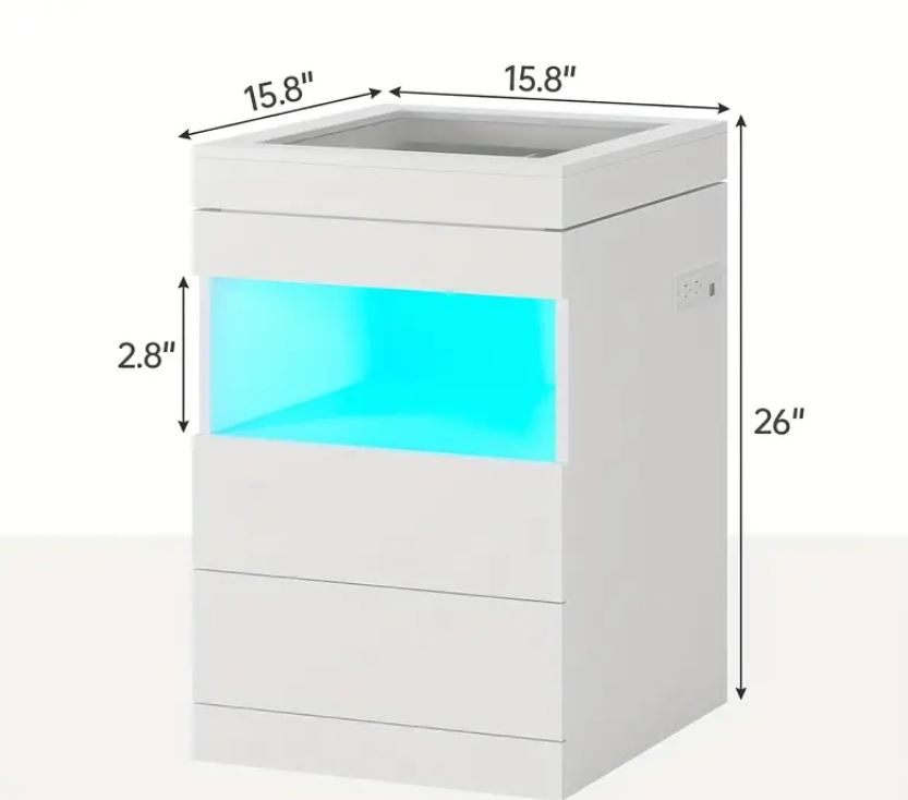 White Bed Side Boared Nightstand with Charging Station and LED Lights