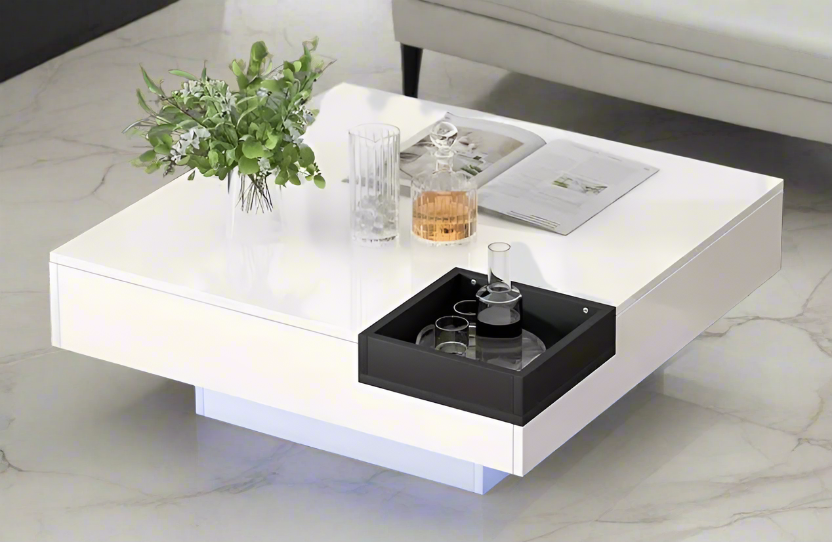 Modern Minimalist Square Coffee Table with LED Light Strip