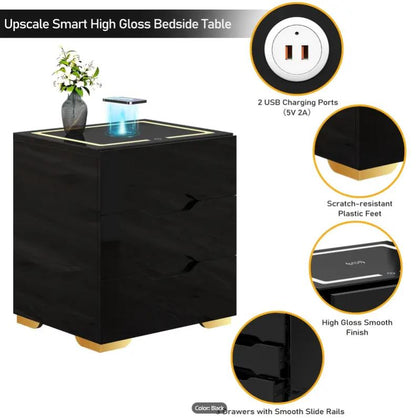 Modern 3-Drawer Black High Gloss Modern Nightstand with Wireless Charging Station and LED Lights