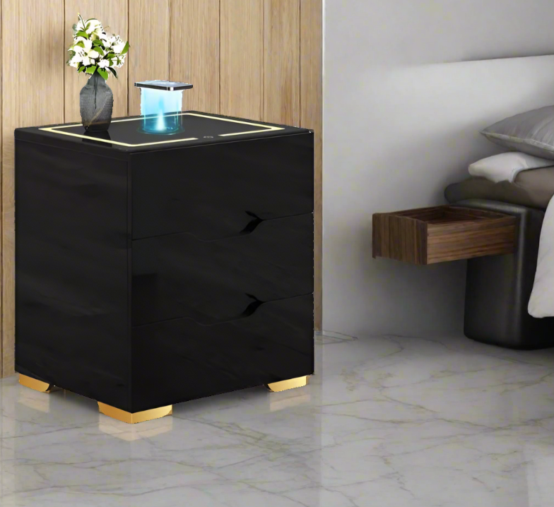 Modern 3-Drawer Black High Gloss Modern Nightstand with Wireless Charging Station and LED Lights