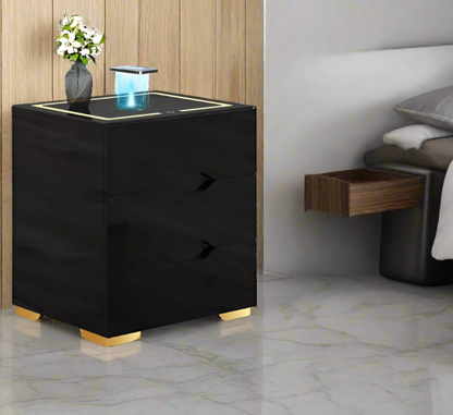 Modern 3-Drawer Black High Gloss Modern Nightstand with Wireless Charging Station and LED Lights