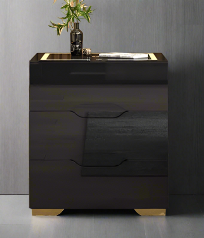 Modern 3-Drawer Black High Gloss Modern Nightstand with Wireless Charging Station and LED Lights