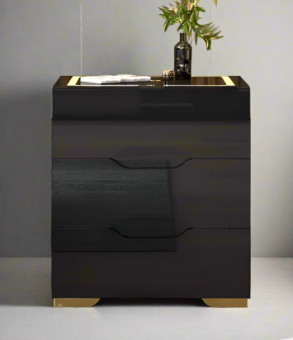 Modern 3-Drawer Black High Gloss Modern Nightstand with Wireless Charging Station and LED Lights