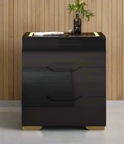 Modern 3-Drawer Black High Gloss Modern Nightstand with Wireless Charging Station and LED Lights