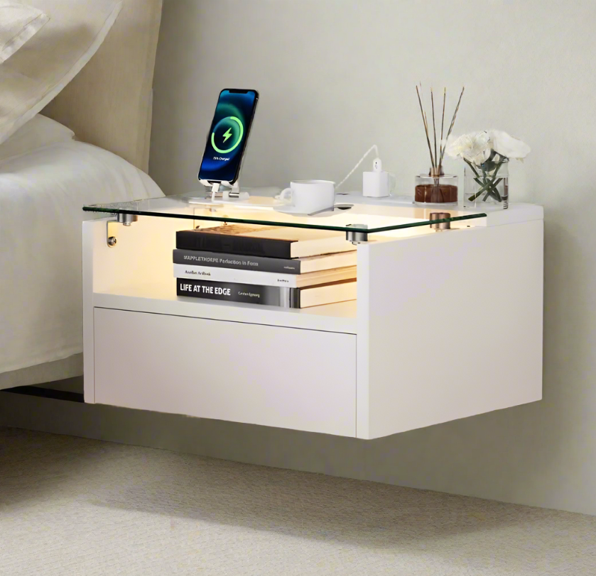 Floating Nightstand with Charging Station and LED Lights (Set of 2)