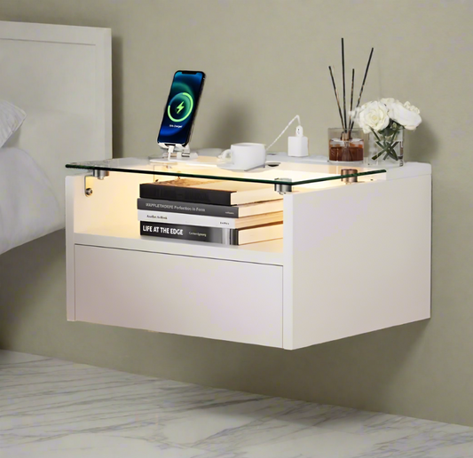 Floating Nightstand with Charging Station and LED Lights (Set of 2)